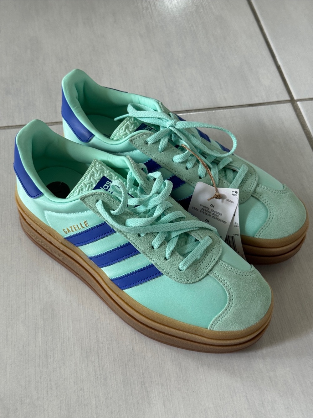 Adidas Gazelle Bold Women's Size 7 Shoes Clear Mint Lucid Blue Gold Metallic